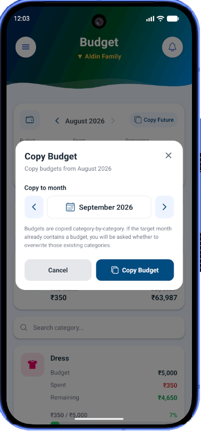FimNest copy budget to another month screen