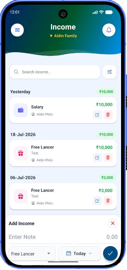 FimNest add or edit income screen