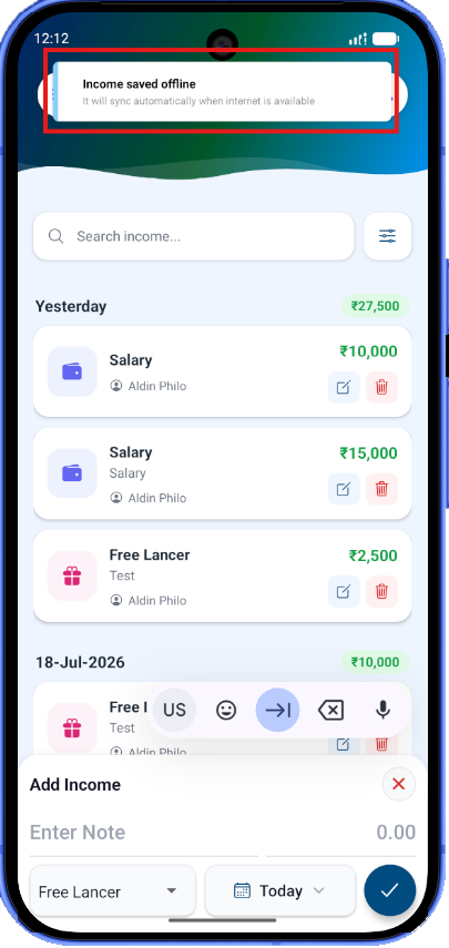 FimNest offline finance tracking screen