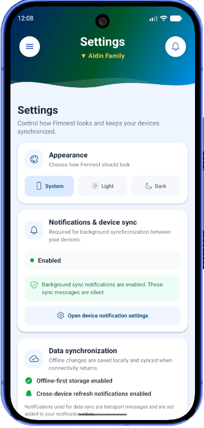 FimNest app settings screen